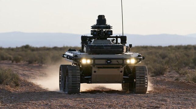 Autonomous robotic ground vehicle driving through a dusty desert landscape at sunset