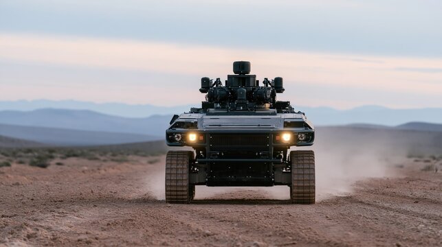 Autonomous robotic ground vehicle driving across a dusty desert landscape at twilight hours