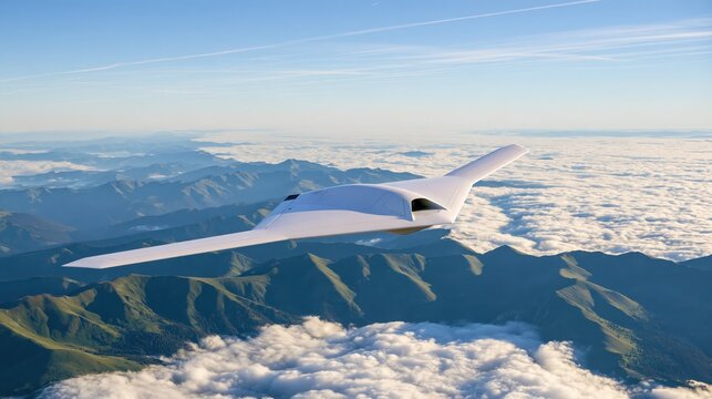 White delta-wing surveillance drone flying high above a mountain range at high altitude