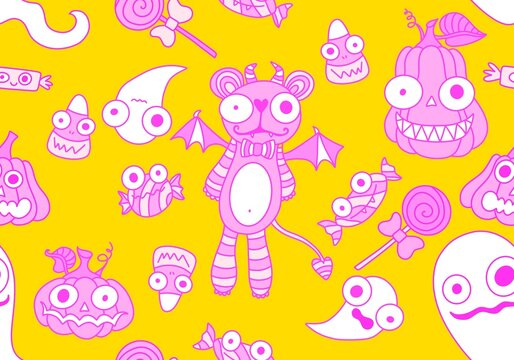 Vegetable seamless autumn monster Halloween pumpkins pattern for wrapping paper and fabrics