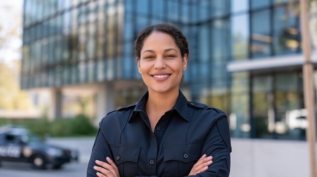 A confident Black female police officer standing in front of a modern glass office building
