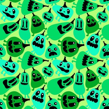 Autumn harvest vegetable seamless monster Halloween pumpkins pattern for wrapping paper and fabrics