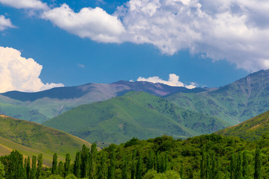 Lush Mountain Landscape with Rolling Hills in Kyrgyzstan