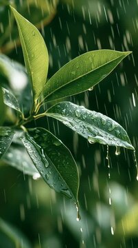 Rainwater droplets touch green leaves in a garden. The lush foliage absorbs water during a gentle rain. Nature shows its beauty in simple ways.