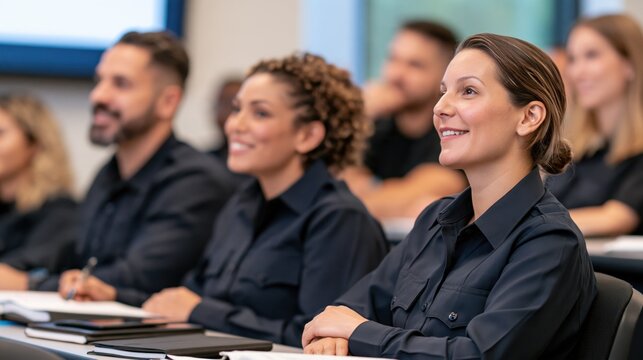 Diverse group of police academy recruits attending a professional training session in classroom