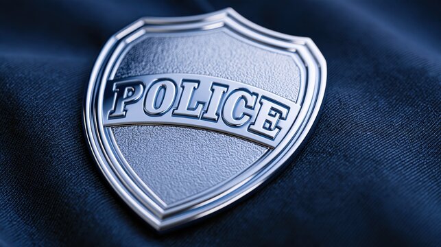 Extreme macro shot of a metallic silver police shield badge resting on dark blue fabric texture