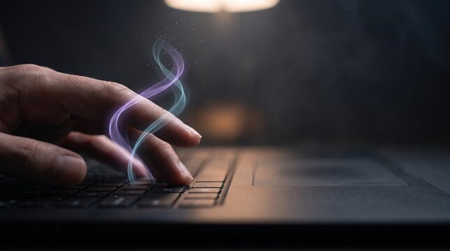 Hand typing AI prompt on laptop with glowing digital energy trails