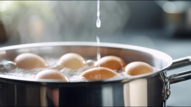 Hot egg lifted with a spoon from a stainless steel pot of boiling water in a kitchen