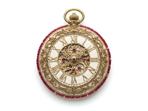 Antique gold pocket watch with ornate skeleton dial and red gemstones, isolated on white