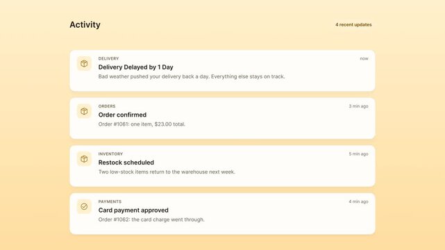 Animated activity feed with delivery delay notifications on warm orange gradient. Order tracking cards appear with status updates and payments. For e-commerce app demos and UX presentations.