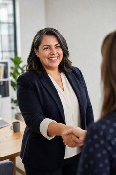 Smiling businesswoman shaking hands with candidate during interview meeting in modern office