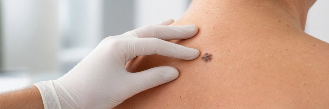 Doctor examining suspicious mole on patient neck during skin cancer checkup in medical clinic