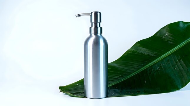 Metallic silver pump bottle with chrome dispenser next to fresh green banana leaf on white background