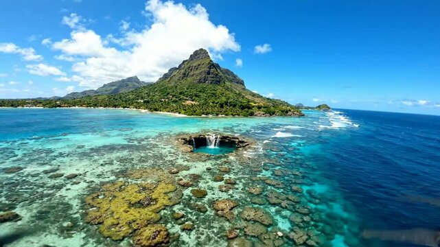 Aerial view of tropical island lagoon with underwater waterfall and coral reef in bora, french polynesia