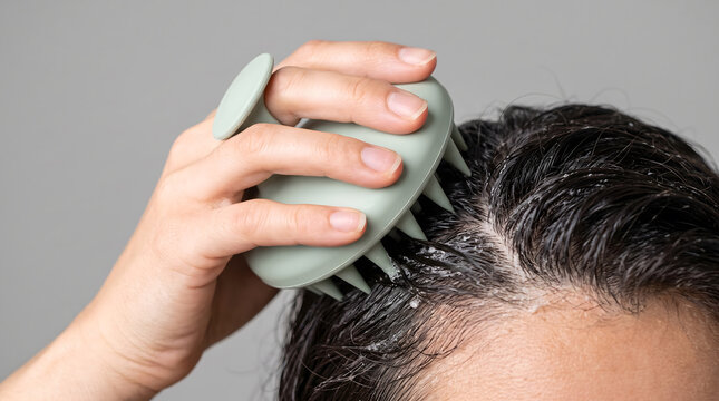 Man using silicone scalp massager tool through foamy shampoo lather against plain neutral gray background