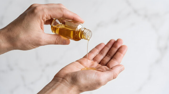 Hand pouring golden hair oil serum from glass bottle into open palm against marble backdrop