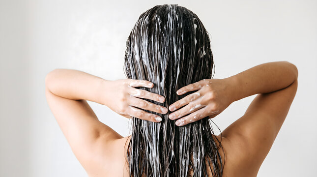Woman applying white conditioner mask through long dark hair with both hands against white background