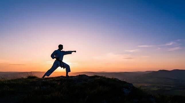 Silhouette of man in martial arts stance on mountain ridge at sunset, practicing karate or kung fu against colorful sky and valley landscape below