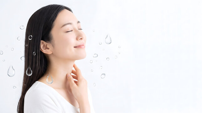 Woman in profile surrounded by floating water droplets near neck and hair against white background