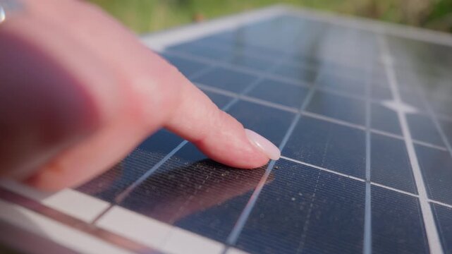 A female finger checks the dirty glass surface of a photovoltaic panel during an outdoor maintenance inspection. Bright natural sunlight illuminates the layer of dust.