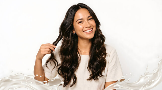 Woman playfully twirling wavy hair strand while smiling beside white milk splash background scene today