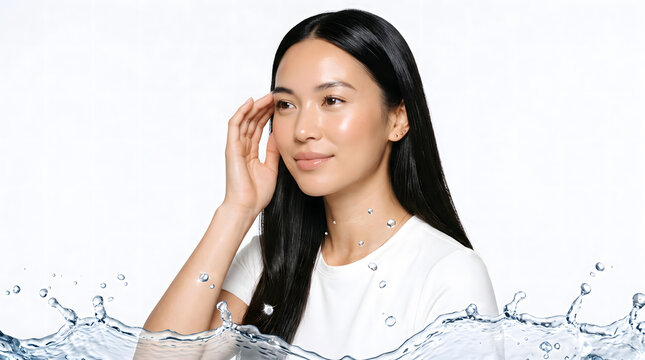 Woman touching her hairline gently with sparkling water droplet resting on bare skin and neck