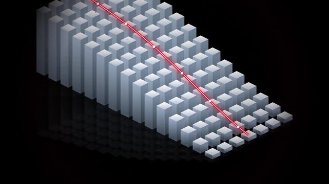 Animated 3d bar chart showing declining financial growth with glowing red laser line motion.