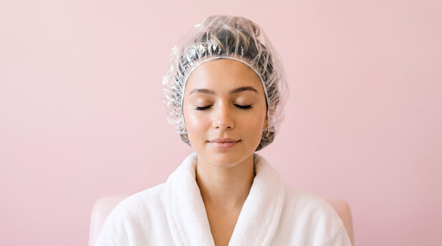 Woman wearing shower cap and soft white robe relaxing peacefully on pink background scene calmly