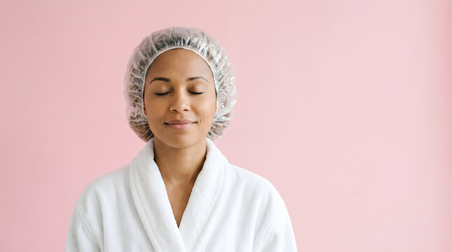 Woman wearing shower cap and white robe relaxing peacefully on soft pink background scene calmly