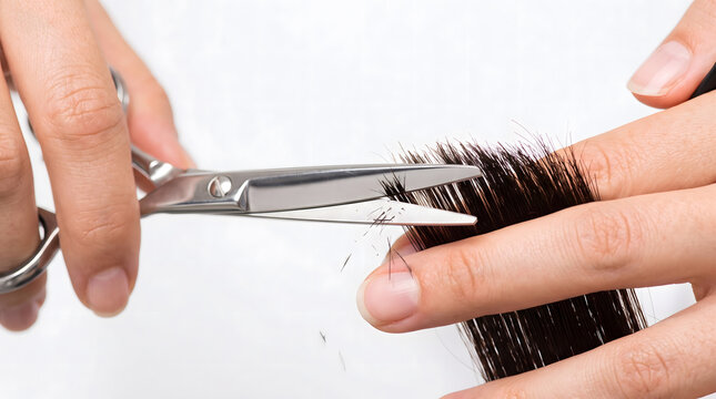 Close up view of hands trimming dark hair ends with scissors on plain white background