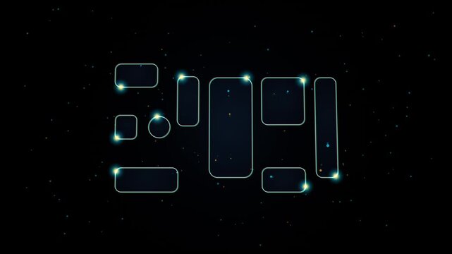 Neon glowing frames floating against dark starry space background with cinematic motion light.