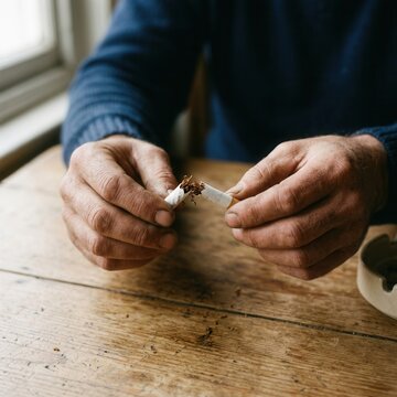 Man Breaking A Cigarette In Half Representing Quitting Smoking