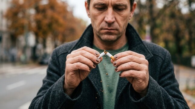 Man Breaking Cigarette Symbolic of Quitting Smoking