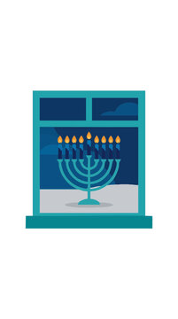 Flat vector of a Hanukkah menorah displayed in a window during the festive season at night
