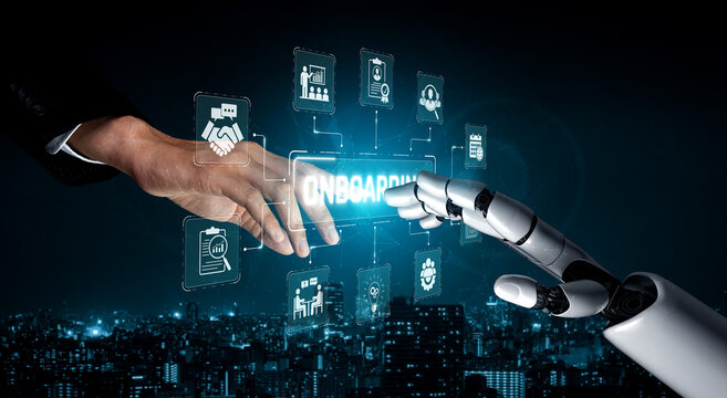 Futuristic Collaboration Between Human Hand and Robotic Arm with Onboarding Interface in Urban Cityscape Background Sigmoid
