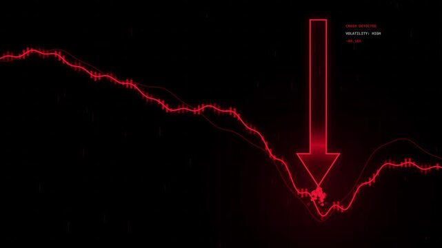 Red market crash graph with downward arrow warning symbol on black digital screen background.