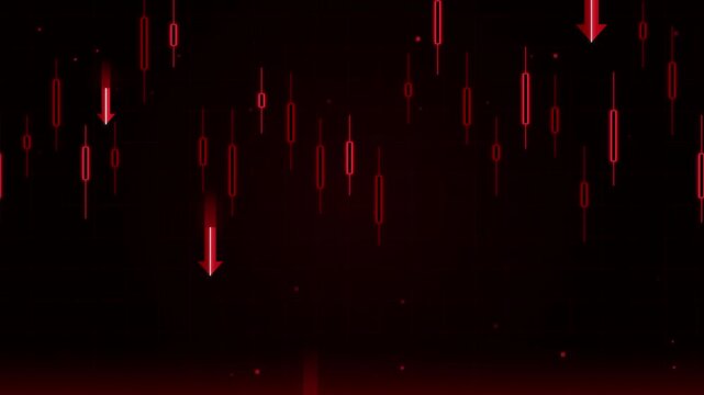 Red stock market bearish candle sticks falling with down arrows on black background footage.