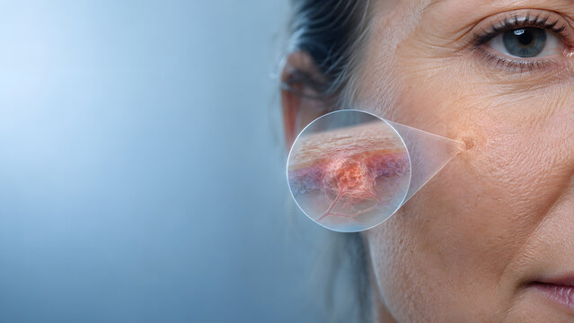 Photorealistic facial skin close-up with a subtle basal cell carcinoma visualization beneath the surface, combining clinical dermatology imaging with advanced diagnostic technology.

