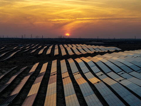 Aerial view of a vast solar farm with rows of photovoltaic panels reflecting the warm light of the sunset in the desert landscape of Rajasthan, India.