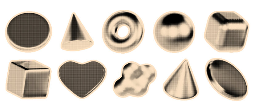 Y2k brutalism shapes with halftone gradient effects Abstract sticker geometric forms with dotted texture patterns Retro futuristic elements