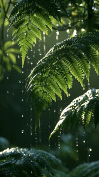 Water droplets slide off fern fronds in slow motion under bright light in a lush green environment.