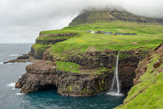 Waterfall Mulafossur in Gasadalur on island of Vagar in the Faroe Islands