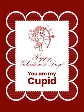 Valentine's Day Greeting Card with Cupid, Heart Pattern, Romantic Message and Decorative Vintage lace Frame in Red and White for Love Celebration