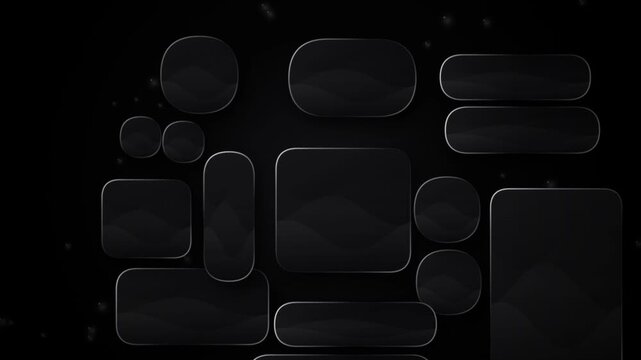 Floating glass panels with rounded corners and glowing particles in dark abstract background.