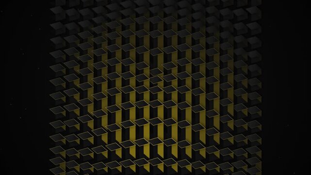 Abstract grid of rotating dark cubes with golden highlights moving in a rhythmic motion pattern.
