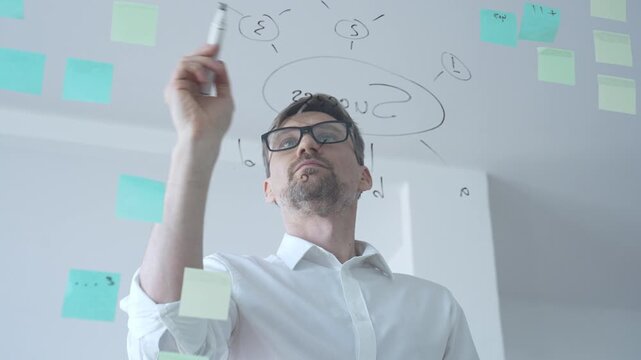 Adult businessman in glasses using a tablet computer while brainstorming and organizing work on a transparent glass board with colorful sticky notes, focusing on strategy and planning