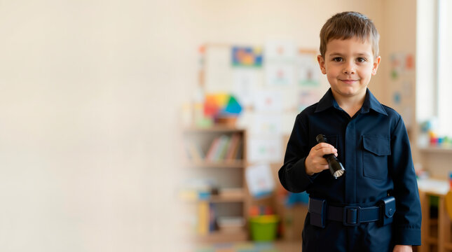 Young boy dressed in police officer uniform holding flashlight during career day at school. Child roleplay costume with copy space
