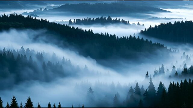 Fog spreads in valleys among trees in a forest, creating a soft, thick layer as the morning light begins to emerge.