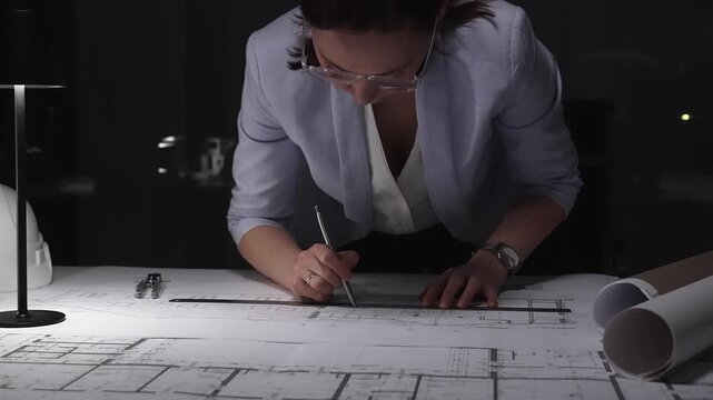 Female architect working late at night, drafting blueprints and engineering plans in a dark office. Business and architect people concept