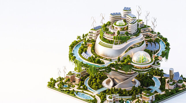 3D rendered futuristic eco-city model with green architecture and renewable energy